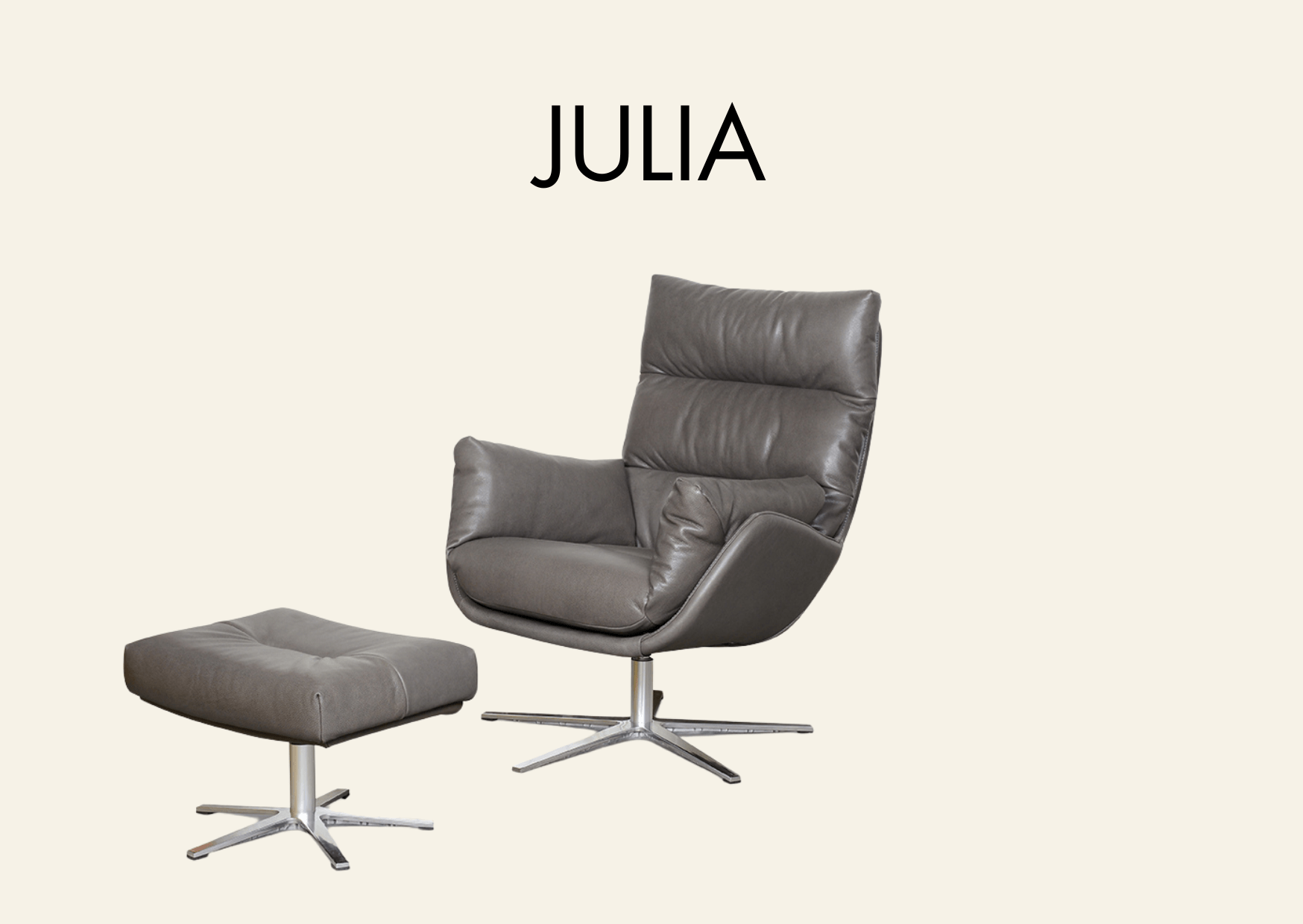 Polstersessel und Hocker in Lederbezug und Aufschrift "Julia"